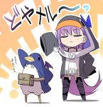  1girl animal_costume bird blue_ribbon bow bra_strap chibi choker closed_eyes crossover disgaea eyebrows_visible_through_hair fanny_pack fate/extra fate/extra_ccc fate/grand_order fate_(series) hair_bow hood hood_up hoodie long_hair meltryllis mentaiko_mamire oversized_clothes penguin penguin_costume prinny purple_hair ribbon sleeves_past_wrists smile thighhighs translated very_long_hair wings zettai_ryouiki 