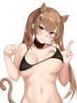  1girl :3 absurdres animal_ears bangs bare_arms bare_shoulders bikini_top black_bikini_top blush boxreeema breasts brown_hair buckle cat_ears cat_girl cat_tail closed_mouth collar collarbone commentary_request eyebrows_visible_through_hair girls_frontline hair_ornament hair_over_shoulder hairclip head_tilt highres kemonomimi_mode large_breasts lifted_by_self long_hair navel paw_pose red_eyes scar scar_across_eye simple_background skindentation smile solo stomach strap_lift string_bikini tail twintails ump9_(girls_frontline) unaligned_breasts underboob upper_body white_background 