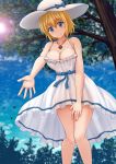  1girl bangs bare_arms bare_shoulders blonde_hair blue_bow blue_eyes blue_sky blurry blurry_background blush bow breasts cleavage closed_mouth cloud collarbone commentary day depth_of_field dress en&#039;en_no_shouboutai english_commentary eyebrows_visible_through_hair fingernails frilled_dress frills hair_between_eyes hand_on_own_thigh hat hat_bow highres iris_(en&#039;en_no_shoubotai) jewelry kazenokaze large_breasts leaning_forward necklace outdoors short_hair sky sleeveless sleeveless_dress smile solo sun_hat tree white_dress white_headwear 