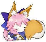  1girl animal_ear_fluff animal_ears blue_kimono closed_eyes fate/extella fate/extra fate/extra_ccc fate/grand_order fate_(series) fox_ears fox_girl fox_tail japanese_clothes kimono long_hair looking_at_viewer lying nepsuka_(hachisuka) on_side pink_hair simple_background sleeping solo tail tamamo_(fate)_(all) tamamo_no_mae_(fate) white_background yellow_eyes 
