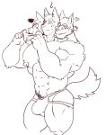  &lt;3 3_heads annoyed anthro big_muscles big_nipples bodily_fluids brother brothers canid cerberus chest_grab clothed clothing conjoined demondragoncyan dialogue european_mythology eyewear glasses greek_mythology hand_on_chest headphones horny_(disambiguation) huge_muscles huge_pecs jumping line_art lust male mammal multi_head multifur muscular mythology nervous nipples pubes sibling simple_background sketch speech_bubble standing sweat thong topless underwear 