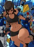  1girl abs arm_tattoo armor bike_shorts black_hair boots breasts broken_armor cleavage combat_boots commentary dark_skin english_commentary hair_tubes headwear_removed helmet helmet_removed holding holding_weapon medium_breasts medium_hair midriff mike_nesbitt missile one_eye_closed overwatch pharah_(overwatch) power_armor rocket_launcher shoulder_tattoo signature slender_waist solo sports_bra stomach_tattoo tattoo thick_thighs thighs trigger_discipline weapon 