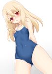  1girl bare_shoulders blonde_hair blue_swimsuit blush breasts collarbone commentary_request eyebrows_visible_through_hair fate/kaleid_liner_prisma_illya fate_(series) from_below illyasviel_von_einzbern long_hair looking_at_viewer red_eyes school_swimsuit simple_background small_breasts solo swimsuit toshishikisai white_background 