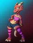 &lt;3 absurd_res armband blouse bottomwear canonthought clothing collar girly green_eyes hand_on_hip hi_res horn hot_pants invalid_tag jewelry kobold legwear male navel open_mouth orange_skin scalie shorts tattoo thick_thighs thigh_highs tongue wide_hips 