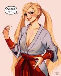  1girl beckoning blonde_hair blue_eyes breasts cherushi cleavage collarbone come_at_me_bro cosplay dougi english_text fatal_fury geese_howard geese_howard_(cosplay) hakama highres japanese_clothes lips long_hair looking_at_viewer lucky_chloe medium_breasts no_bra nose parted_lips plunging_neckline red_hakama signature solo source_request tekken tekken_7 the_king_of_fighters twintails vambraces very_long_hair 