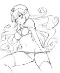  1girl blush bra breasts cleavage commentary_request curly_hair dragon_quest dragon_quest_ii graphite_(medium) groin hood kichijou_agata long_hair looking_at_viewer monochrome open_mouth panties princess_of_moonbrook solo thighhighs traditional_media underwear undressing 