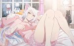  1girl animal animal_ears artist_request black_hanekawa breasts cat cat_ears cat_girl closed_mouth hanekawa_tsubasa indoors large_breasts legs long_hair looking_at_viewer lying monogatari_(series) official_art on_back on_bed paw_pose pillow rain slit_pupils smile solo source_request teruterubouzu thighs very_long_hair white_hair yellow_eyes 