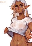  1girl abs artist_name breasts dark_elf dark_skin elf highres hot long_hair matilda_fiship medium_breasts navel olivia_(fiship) orange_eyes original out-of-frame_censoring pointy_ears pubic_hair shirt silver_hair solo sweat thick_eyebrows toned watermark wet wet_clothes wet_shirt wet_t-shirt 