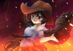  1girl bandana bangs bare_shoulders black_hair black_wings blue_shirt blush brown_headwear commentary cowboy_hat embers eyebrows_visible_through_hair feathered_wings feathers gradient gradient_background hair_between_eyes hat highres kurokoma_saki looking_at_viewer off-shoulder_shirt off_shoulder open_mouth orange_background orange_skirt red_background red_eyes sachisudesu shinoba_(style) shirt short_hair short_sleeves skirt solo touhou upper_body wings 