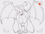  2019 all_fours anthro areola bedroom_eyes breasts dragon female hair half-closed_eyes hi_res jv nude pussy recording seductive simple_background smile snout solo thick_thighs vibershot white_background wide_hips wings 