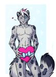  &lt;3 anthro blinking blue_eyes bow box cotopes digital_media_(artwork) felid feline fur grey_fur hi_res looking_at_viewer male mammal nipples nude pantherine pink_nose simple_background snow_leopard solo spots spotted_fur 