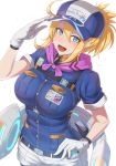  1girl ahoge artoria_pendragon_(all) bangs baseball_cap belt blonde_hair blue_eyes blue_headwear blue_shirt blush book breasts buttons fate/grand_order fate_(series) gloves hair_between_eyes harness hat heroic_spirit_festival_outfit large_breasts long_hair looking_at_viewer mysterious_heroine_xx_(foreigner) name_tag nigane ponytail purple_scarf scarf shirt short_sleeves shorts simple_background smile solo white_background white_gloves white_shorts 