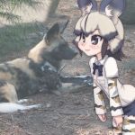  1:1 2019 5_fingers african_wild_dog african_wild_dog_(kemono_friends) african_wild_dog_humanoid ambiguous_gender animal_humanoid arched_back big_ears biped black_fur black_hair black_highlights black_nose blue_bottomwear blue_clothing blue_shorts blush bottomwear bow_tie breasts camo camo_clothing camo_print canid canid_humanoid canine canine_humanoid clothed clothing cutoffs denim denim_clothing denim_shorts digital_drawing_(artwork) digital_media_(artwork) dirt dress_shirt duo edit eyebrow_through_hair eyebrows female feral fingers fist fur glistening glistening_eyes grey_eyes grey_hair grey_highlights hair hair_highlights human_and_animal_ears humanoid humanoid_hands japanese kemono_friends leaning leaning_forward legwear light light_skin lighting lying mammal mammal_humanoid mixed_media multi_ear multicolored_fur multicolored_hair on_front pattern_clothing photo_background photo_manipulation photography_(artwork) plant pockets quadruped real ringofriend shadow shirt short_hair shorts small_breasts smile snout standing tan_fur tan_hair tan_skin thigh_highs topwear torn_bottomwear torn_clothing torn_shorts translucent translucent_hair twig two_tone_hair white_clothing white_fur white_shirt white_tail white_topwear 