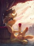  2019 absurd_res apple applejack_(mlp) basket blonde_hair clothing cowboy_hat cutie_mark earth_pony equid equine female food freckles friendship_is_magic fruit grass green_eyes hair hat headgear headwear hi_res horse mammal my_little_pony plant pony scenery smile solo stetson tree vanillaghosties 