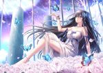  aqua_eyes black_hair bow breasts butterfly flowers moon necklace original petals ribbons rose sky stars toshi_(1-147) wristwear 