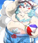  08_agepan 2019 agyou anthro asian_mythology belly bodily_fluids clothing cute_fangs east_asian_mythology foo_dog japanese_mythology komainu male mammal moobs mythology nipples outside solo sweat swimwear tokyo_afterschool_summoners video_games yōkai 