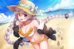  1girl :d armpits bare_shoulders beach bikini black_jacket blue_eyes blue_sky braid breasts cleavage cloud collarbone commentary_request cowboy_shot day floating_hair footprints frilled_bikini frills hair_ornament halter_top halterneck hand_to_own_mouth hand_up hat hat_ribbon horizon jacket jewelry kizuna_akari konnyaku_(kk-monmon) large_breasts long_hair long_sleeves looking_at_viewer navel necklace ocean off_shoulder open_clothes open_jacket open_mouth outdoors puffy_sleeves ribbon silver_hair sky smile solo straw_hat sunlight swimsuit twin_braids twintails very_long_hair voiceroid white_bikini 