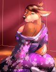  anthro breasts cervid clothed clothing female hair hi_res japanese_clothing kimono kneeling looking_at_viewer makeup mammal neph solo 