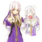  1girl athenawyrm bangs bare_shoulders blush candy closed_eyes dress fire_emblem fire_emblem:_three_houses flat_chest food long_hair long_sleeves looking_at_viewer lysithea_von_ordelia pink_eyes purple_eyes simple_background smile solo upper_body white_background white_hair 
