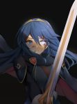  1girl absurdres armor blue_eyes blue_hair blush cape ei1han falchion_(fire_emblem) fingerless_gloves fire_emblem fire_emblem_awakening gloves hair_between_eyes highres long_hair looking_at_viewer lucina_(fire_emblem) simple_background solo sword tears tiara weapon 