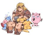  akiyoku angry armor belt blonde_hair blue_eyes brown_hair cape castlevania collarbone gen_1_pokemon gloves hat headband highres jigglypuff kirby kirby_(series) long_hair male_focus muscle pichu pikachu pokemon pokemon_(creature) short_hair simon_belmondo sleeping super_smash_bros. tail tears weapon 