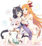  3girls :d ? ahoge animal_ear_fluff animal_ears armlet ass bare_arms bare_legs bare_shoulders barefoot bikini black_hair blue_bikini blue_eyes blush bracelet breasts cat_ears cat_girl cat_tail collarbone covered_navel dated extra_ears fan flower fushamemo green_eyes hair_flower hair_ornament halterneck holding holding_fan hug jewelry kneeling kokkoro_(princess_connect!) kyaru_(princess_connect) large_breasts long_hair looking_at_viewer medium_breasts multicolored_hair multiple_girls musical_note navel nose_blush one-piece_swimsuit open_fly open_mouth orange_hair pecorine pink_eyes princess_connect! princess_connect!_re:dive rose see-through short_shorts shorts side-tie_bikini sidelocks sitting smile spoken_blush spoken_musical_note spoken_question_mark streaked_hair swimsuit tail thigh_strap thighs twitter_username very_long_hair white_bikini white_hair white_shorts white_swimsuit yellow_flower 