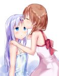  2girls :o bangs bare_arms bare_shoulders blue_dress blue_eyes blue_hair blush bow breasts brown_hair closed_eyes commentary_request dress error eyebrows_visible_through_hair forehead_kiss gochuumon_wa_usagi_desu_ka? highres hoto_cocoa kafuu_chino kiss long_hair looking_at_another multiple_girls naka parted_lips profile red_bow shiny shiny_skin sitting sleeveless sleeveless_dress small_breasts very_long_hair white_background white_dress yuri 