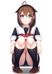  1girl :o absurdres ahoge black_legwear black_panties black_serafuku blue_eyes blush braid brown_footwear brown_hair commentary_request full_body gloves hair_flaps hair_ornament hair_over_shoulder hair_ribbon highres kantai_collection kneehighs loafers long_hair looking_at_viewer ochiai_miyabi open_mouth panties pantyshot pantyshot_(squatting) remodel_(kantai_collection) ribbon rudder_footwear school_uniform serafuku shigure_(kantai_collection) shoes simple_background single_braid skirt solo squatting underwear white_background 