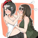  2girls alternate_costume beret black_hair blonde_hair blush braid breasts closed_eyes commentary drunk female_commander_(girls_frontline) girls_frontline hand_on_another&#039;s_face hand_on_another&#039;s_head hand_on_another&#039;s_hip hand_under_clothes hat highlights highres junsuina_fujunbutsu large_breasts long_hair looking_away m16a1_(girls_frontline) medium_breasts mole mole_under_eye multicolored_hair multiple_girls ponytail pushing_away short_hair sleeveless sweat tank_top yuri 