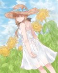  1girl alternate_costume az_toride blue_ribbon cloud cloudy_sky dress flower hair_ornament hairclip hat kantai_collection looking_at_viewer looking_back ribbon sky solo star straw_hat sunflower tashkent_(kantai_collection) white_dress 