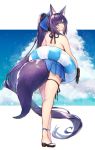  .com_(cu_105) 1girl absurdly_long_hair animal_ear_fluff animal_ears bangs bare_shoulders black_footwear black_gloves blue_eyes blue_skirt blue_sky blush cloud cloudy_sky commentary_request day eyebrows_visible_through_hair fox_ears fox_girl fox_tail gloves hair_between_eyes high_ponytail innertube large_tail long_hair looking_at_viewer looking_back original parted_lips pleated_skirt ponytail purple_hair sandals sidelocks skirt sky solo standing tail very_long_hair 