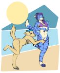  2019 accidental_exposure anthro assisted_exposure bikini blue_eyes blue_hair blue_nose blue_pussy breasts canid canine canis clothing dipstick_tail domestic_cat domestic_dog duo felid feline felis fur hair hi_res mammal multicolored_tail navel purple_hair pussy rock simple_background small_breasts striped_fur stripes succulentsucubus sun surprise swimwear tan_fur toeless_(marking) trip wide_eyed 