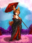  2019 anthro bare_shoulders breasts canid canine cleavage clothed clothing digital_media_(artwork) dipstick_ears dipstick_tail eyes_closed female fox hi_res mammal multicolored_ears multicolored_tail outside solo suirano umbrella yui_(suirano) 