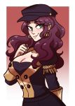  1girl absurdres blush breasts brown_hair choker cleavage dorothea_arnault earrings fire_emblem fire_emblem:_three_houses green_eyes hat highres jewelry long_hair looking_at_viewer scruffyturtles simple_background smile solo_focus uniform upper_body 