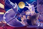  animal_ears bow breasts building cleavage clouds erect_nipples foxgirl garter gloves gray_hair green_eyes japanese_clothes katana long_hair moon night ofuda original rooftop seihou sky stars sword tail tattoo thighhighs weapon 