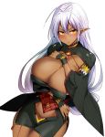  1girl antenna_hair blush breasts cleavage dark_skin dress highres kouki_kuu large_breasts looking_at_viewer pointy_ears sansei_muramasa silver_hair simple_background solo soukou_akki_muramasa sweatdrop white_background yellow_eyes 