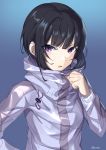  1girl bangs black_hair blue_background commentary_request curcumin drawstring eyebrows_visible_through_hair hand_up high_collar highres idolmaster idolmaster_cinderella_girls jacket long_sleeves looking_at_viewer parted_lips purple_eyes purple_jacket shirayuki_chiyo sidelocks simple_background solo twitter_username upper_body v-shaped_eyebrows 