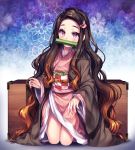  1girl artist_name black_hair blush brown_hair eyebrows highres kamado_nezuko kimetsu_no_yaiba kneeling long_hair long_sleeves looking_at_viewer multicolored_hair pink_eyes pink_nails sasucchi95 solo two-tone_hair very_long_hair watermark 