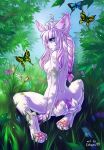  5_fingers anthro arthropod blue_eyes breasts butterfly cervid cotopes day digital_media_(artwork) female fingers flower fur grass hair hi_res horn hybrid insect leaf lepidopteran mammal multi_tail nipples nude outside pawpads paws pink_fur pink_hair pink_nose plant solo tree 