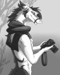  anthro camera claws ear_piercing ear_ring fingerpads fur gradient_background greyscale hair hi_res male monochrome mostly_nude piercing scarf sergal simple_background slit_pupils smile solo tree yaegerarts 