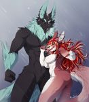  5_fingers anthro black_fur breasts canid canine duo ear_piercing ear_ring female fingers fur hair hazakyaracely hi_res male mammal nude open_mouth piercing raining red_hair teeth tongue white_fur 
