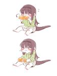  akemi_homura blush chibi corn eating food food_on_face hairband hood hoodie mahou_shoujo_madoka_magica purple_eyes salamander_tail short_sleeves shorts sitting sweatdrop tail tokahomu white_background 