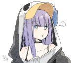  1girl bangs black_jacket blue_eyes collarbone eyebrows_visible_through_hair fate/extra fate/extra_ccc fate_(series) hair_between_eyes highres hood hood_up hooded_jacket jacket long_hair looking_at_viewer meltryllis parted_lips penguin_hood purple_hair sidelocks signature simple_background sofra solo traditional_media white_background 