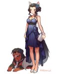  1girl absurdres animal animal_ear_fluff animal_ears bag bangs bare_arms bare_shoulders black_hair blue_dress blue_flower blush breasts choker cleavage closed_mouth commentary danielle_brindle dog dress english_commentary flower forehead girls_frontline grey_footwear grey_neckwear hair_flower hair_ornament handbag highres holding holding_bag large_breasts looking_away looking_to_the_side necktie original parted_bangs pleated_dress shoes shoulder_bag sidelocks simple_background sleeveless sleeveless_dress solo standing twitter_username white_background white_choker 