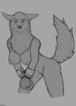  2019 absurd_res anthro areola breasts canid canine canis chest_tuft digital_media_(artwork) female fur handcuffs hi_res looking_at_viewer mammal monochrome nipples norumgt nude pussy raised_tail shackles simple_background sketch solo standing tuft wolf 