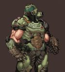  1boy clenched_hand doom_(2016) doom_(game) doom_eternal doomguy gauntlets helmet highres kelvin_hiu male_focus manly muscle power_armor short_sleeves shoulder_cannon simple_background solo space_marine upper_body veins 