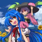  2girls :d bangs barefoot black_headwear black_sash blue_hair blue_sky blush bow bowtie carrying_over_shoulder center_frills cloud commentary_request day eyebrows_visible_through_hair field flower flower_field food fruit hair_between_eyes hat hat_removed head_tilt headwear_removed highres hinanawi_tenshi japanese_clothes kimono leaf long_hair long_sleeves looking_at_another looking_up multiple_girls obi open_mouth outdoors peach petals petticoat puffy_short_sleeves puffy_sleeves purple_hair purple_kimono red_bow red_eyes red_neckwear sash shirt shope short_hair short_sleeves sidelocks sky smile sukuna_shinmyoumaru sunflower touhou upper_body white_shirt wide_sleeves 