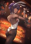  1girl animal_ears announ_(kurotya) arm_up ass backless_outfit bangs bar bare_shoulders blush bottle breasts brick_wall brown_legwear bunny_ears bunny_girl bunny_tail bunnysuit closed_mouth commentary dark_skin eyebrows_visible_through_hair fake_animal_ears fate/prototype fate/prototype:_fragments_of_blue_and_silver fate_(series) hair_between_eyes hairband hassan_of_serenity_(fate) highres indoors leotard looking_at_viewer looking_back medium_breasts pantyhose purple_eyes purple_hair sidelocks solo tail white_hairband white_leotard wrist_cuffs 