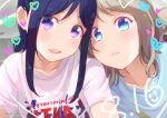  2girls bangs birthday blue_eyes blue_hair collarbone commentary_request dated grey_hair heart kitahara_tomoe_(kitahara_koubou) long_hair looking_at_viewer love_live! love_live!_sunshine!! matsuura_kanan multiple_girls purple_eyes saitou_shuka seiyuu_connection shirt short_hair short_sleeves sidelocks t-shirt twitter_username watanabe_you 