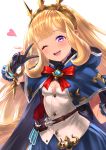  1girl ;d bangs belt black_gloves blonde_hair blue_cape blue_skirt blush bracelet breasts brooch buttons cagliostro_(granblue_fantasy) cape cleavage eyebrows_visible_through_hair frilled_gloves frills gloves granblue_fantasy hairband heart highres jewelry lips long_hair looking_at_viewer one_eye_closed open_mouth partly_fingerless_gloves purple_eyes red_ribbon ribbon shirt simple_background skirt small_breasts smile solo test_tube upper_body upper_teeth v white_background white_shirt yapo_(croquis_side) 